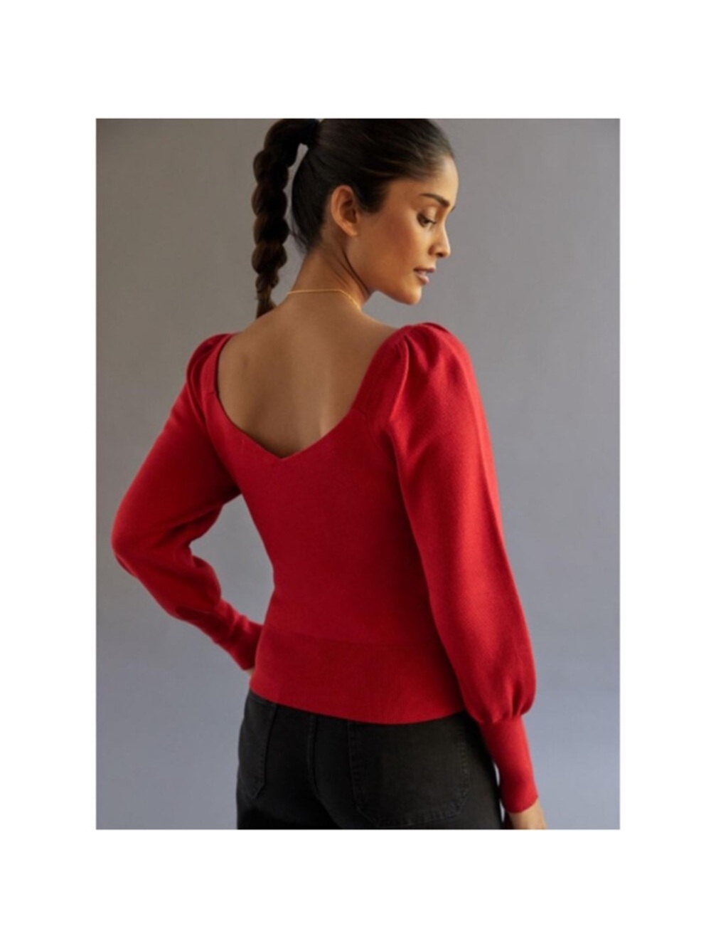 Anthropologie Red V-Neck Puff Sleeve Sweater